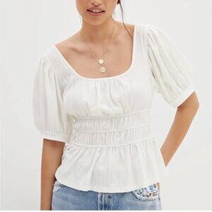 Anthropologie Maeve White Puffy Short Sleeve Blouse, Size XS